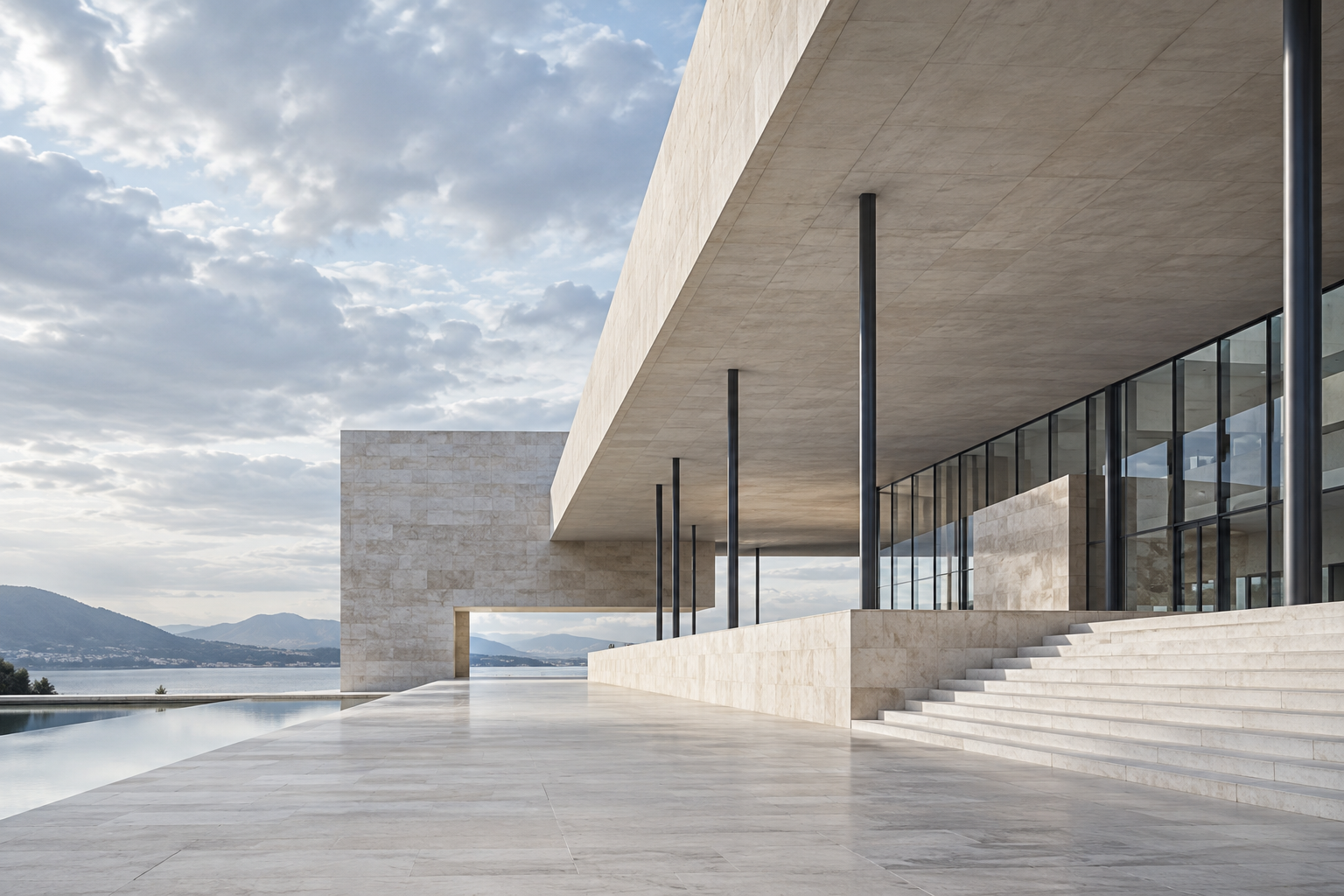 Concept image of a refined stone, steel and glass structure